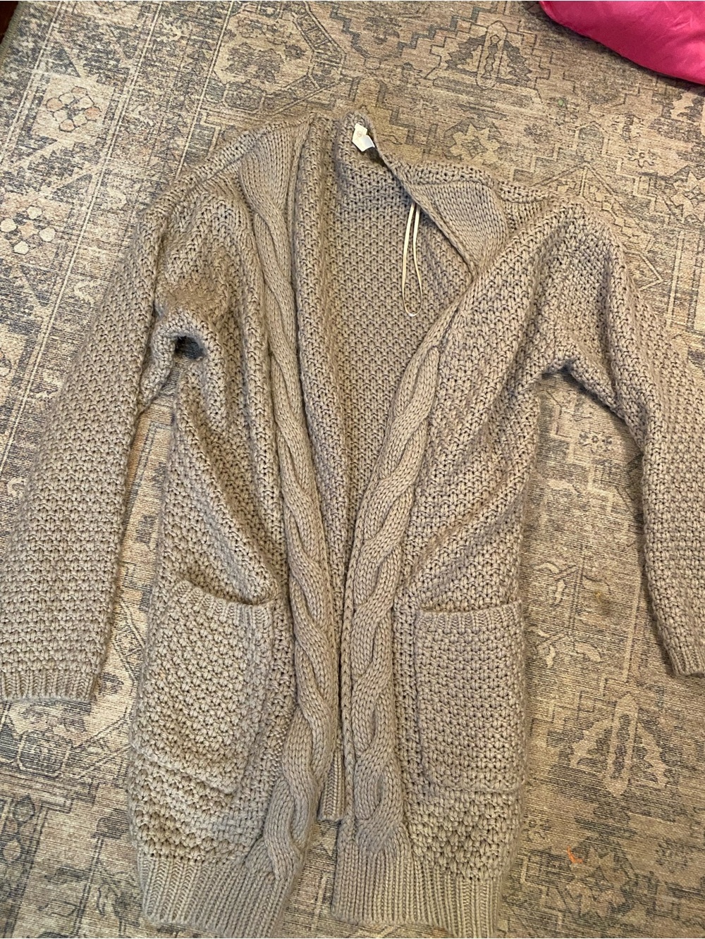 Wishlist Taupe Cable Knit Open Cardigan with Pockets